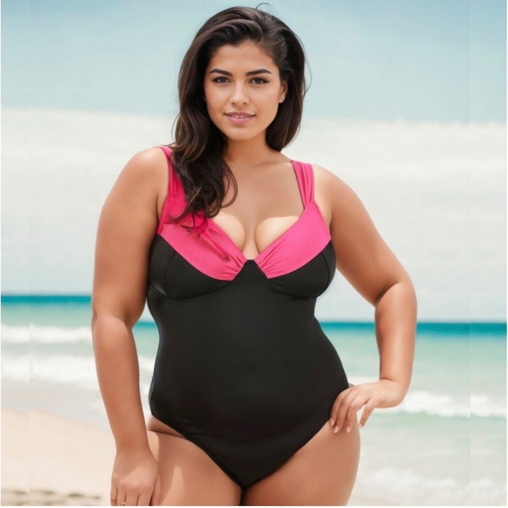 Instant Figure Women Black Pink Shapewear One Piece Swimsuit Underwire 16 13496P